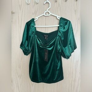 RACHEL ZOE gorgeous green velvet blouse with puffy sleeves  size XL NWT p2p 21”